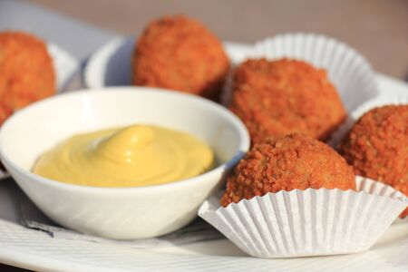Bitterballen with mustard, warm fried snack, served in the Netherlandsの写真素材