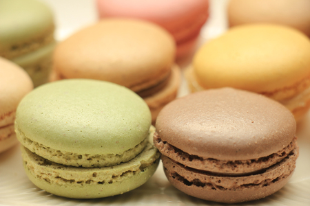 Macarons in different pastel colors on a white plateの写真素材