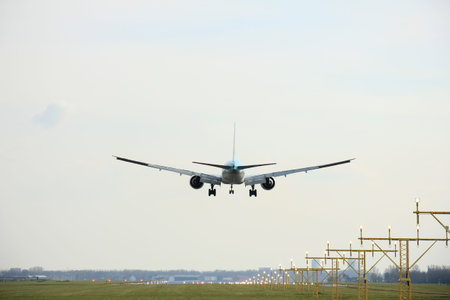 Amsterdam Schiphol Airport - April 1st 2016: HL8285 Korean Air Lines Boeing 777 approaching...