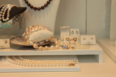 Pearl jewelry in a window shop display