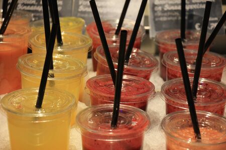 Fresh made smoothies on ice at a self service restaurant
