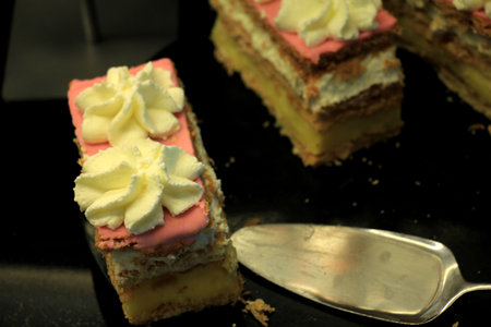 Fresh made Tompouce, multilayered pastry in Belgium and the Netherlandsの写真素材