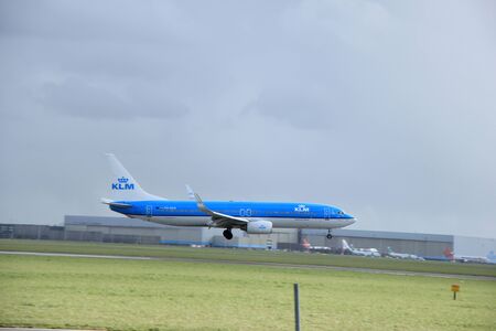 Amsterdam, The Netherlands, march 31, 2015: PH-BXN KLM Royal Dutch Airlines Boeing 737-800  approaching on runway  Buitenveldert, KLM is the flag carrier airline of the Netherlands.のeditorial素材