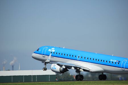 Amsterdam, the Netherlands  - August, 18th 2016: PH-EZU KLM Cityhopper Embraer ERJ-190STD 
taking off from Polderbaan Runway Amsterdam Airport Schipholのeditorial素材