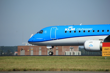 Amsterdam, the Netherlands  - August, 18th 2016: PH-EZO KLM Cityhopper Embraer ERJ-190STD 
taking off from Polderbaan Runway Amsterdam Airport Schipholのeditorial素材