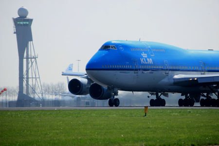 Amsterdam the Netherlands - April 2nd, 2017: PH-BFL KLM Royal Dutch Airlines Boeing 747-400 City of Lima takeoff from Polderbaan runway, Amsterdam Airport Schipholのeditorial素材