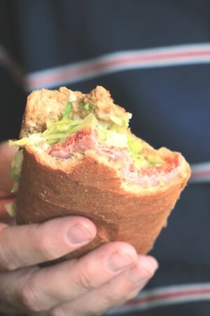 Man holding a fresh made sandwich with lettuce, cold cuts, vegetables and cheeseの写真素材