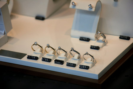 Diamond engagement rings in a shop window (text on label: price and product information in Dutch)