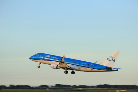 Amsterdam, the Netherlands  - June 1st, 2017: PH-EXM KLM Cityhopper Embraer ERJ-175 taking off from Polderbaan Runway Amsterdam Airport Schipholのeditorial素材