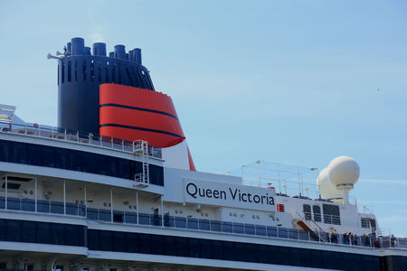 IJmuiden, The Netherlands - June 5th 2017: Queen Victoria, Cunard on North Sea Channel, detail of funnelのeditorial素材