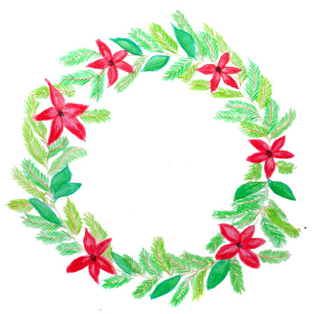 Handpainted  christmas wreath with red poinsettiaの写真素材
