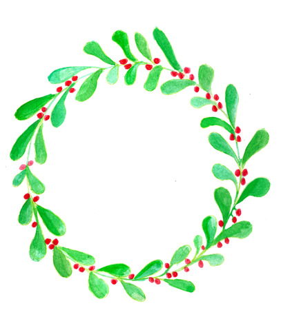 Handpainted  christmas wreath with red berriesの写真素材