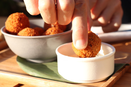 Bitterballen with mustard, warm fried snack, served in the Netherlandsの写真素材