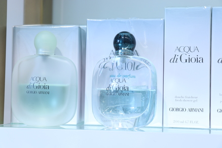 Haarlem, the Netherlands - October 6th 2018: Giorgio Armani fragrances on display in a luxurious department storeのeditorial素材