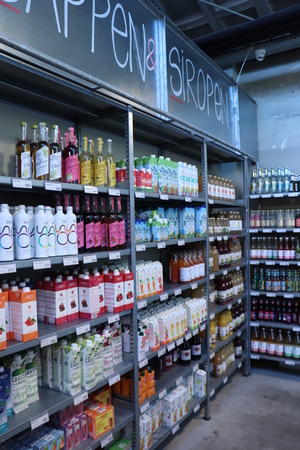 Haarlem, the Netherlands, October 6th 2018: Biological juices and syrups in a sustainable grocery shopのeditorial素材