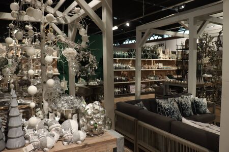 Cruquius, the Netherlands - October 26th 2018: Christmas decorations in white and silver in an interior decoration shopのeditorial素材
