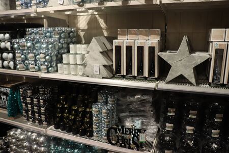 Cruquius, the Netherlands - October 26th 2018: Blue and silver christmas decorations in an interior decoration shopのeditorial素材
