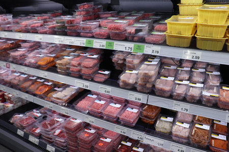 Ijmuiden, the Netherlands, October 17th 2018: Different sorts of packaged meats in a supermarket...