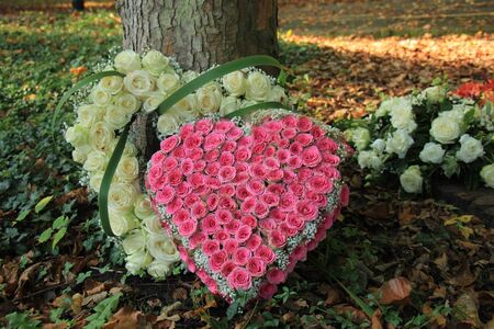 Heart shaped sympathy flowers made from white and pink roses near a tree at a cemeteryの写真素材