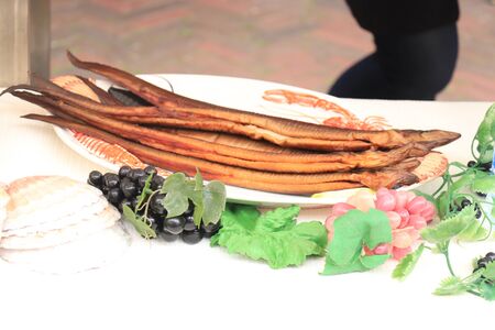 Fresh smoked eel at a Dutch market, a Dutch delicacy