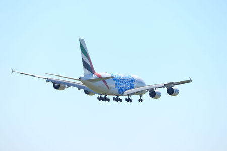 Amsterdam, the Netherlands - August, 7th 2020: A6-EVH Emirates Airbus A380 final approach to...