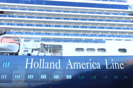 IJmuiden, The Netherlands - June 22nd 2020: Nieuw Statendam, moored at Felison Terminal for maintenance. Out of use due to worldwide Covid 19 pandemic. Detail of bowのeditorial素材