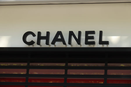 Barcelona, Spain - September 29th, 2019: Chanel Store in Passeig de Gracia, big branding on the...