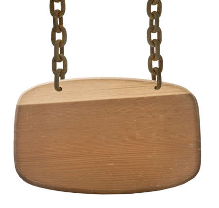 Wooden sign with chain on white backgroundの写真素材