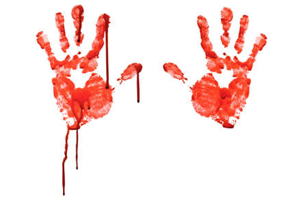 Bloody hand-prints isolated on white の写真素材