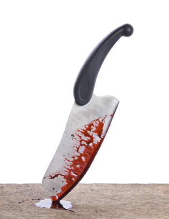 A knife smeared with blood isolated on white 