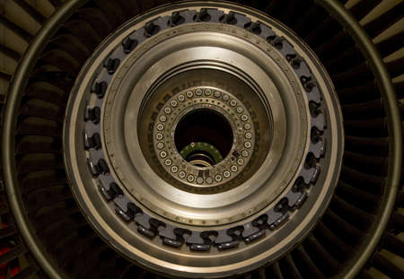 Close-up of jet engine fan blade hub 