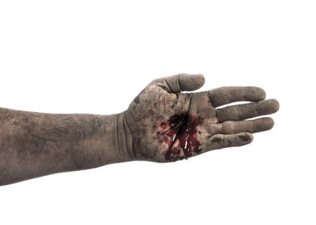 Bloody dirty hand isolated on whiteの写真素材