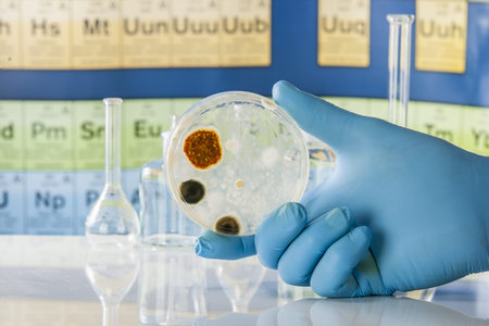 Mold growing in a Petri dish being held with glove