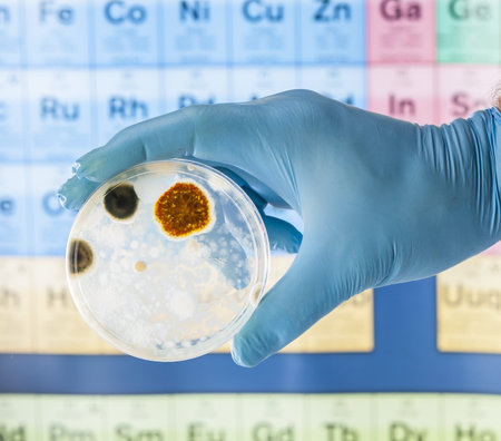Mold growing in a Petri dish being held with glove