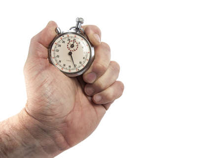 Hand Holding vintage Stopwatch On White Backgroundの写真素材