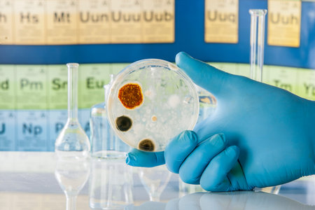 Mold growing in a Petri dish being held with glove