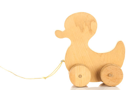 wooden toy duck on white backgroundの写真素材