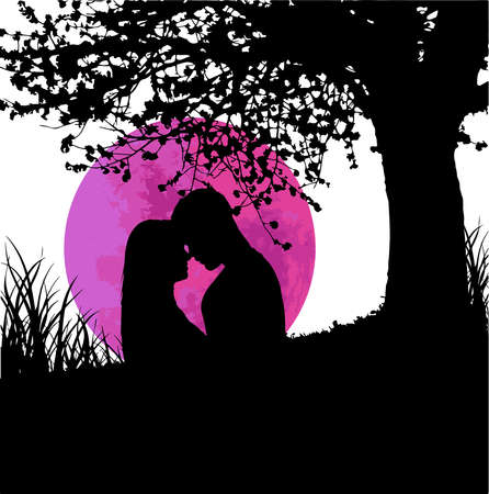 Two lovers taking together on grass field under Big tree and full pink moon. suitable as a card for valentine's dayの写真素材