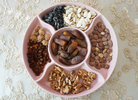 Mix nuts and dried fruit on  traditional table,Islamic occasion healthy eating