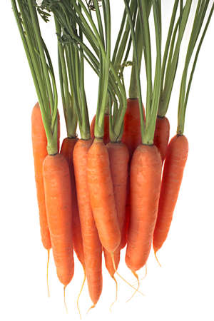 a bunch of fresh carrots, suspended in air, white backgroundの写真素材
