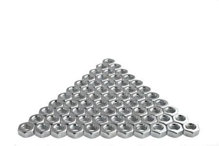 arrow shaped inox nuts, pointing up, isolated over whiteの写真素材