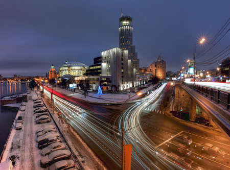 Skyscrapers at night in Moscow, Russiaの写真素材