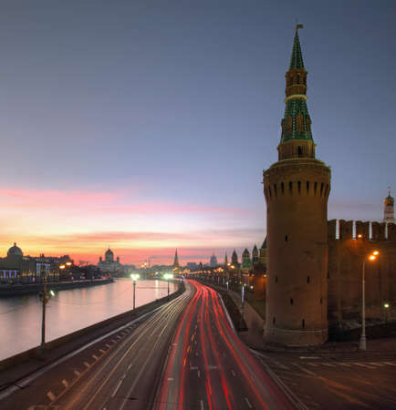 Night view to embankement of Kremlin in Moscow, Russiaの写真素材