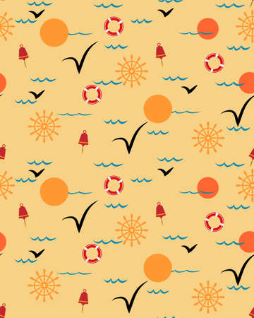 Sea pattern. Seamless sea pattern. Pattern for print, textile, wallpaper, packing. Pattern with sun, wave, seagull, ship wheel and bell.のイラスト素材