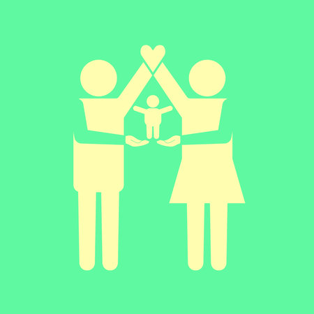 Parents icon standing together with kid on their arms. Parents arms forming house with heart on the top.のイラスト素材