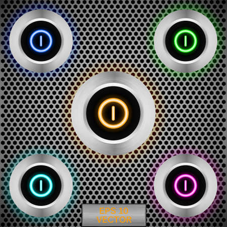 Set of vector realistic metallic led buttons on polygon grid.のイラスト素材