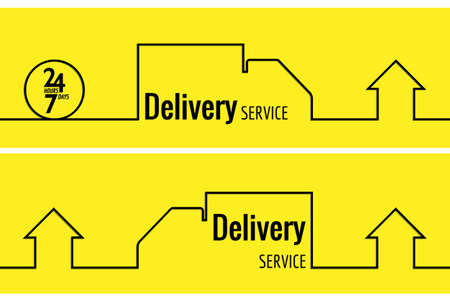 Delivery service line style drawn banner. Line drawn car and home. Shipment home to home. 24 hours.のイラスト素材