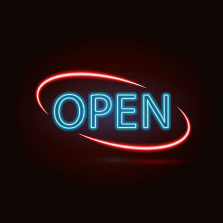 neon sign with type  Bar Open. Red and blue and yellow  neon lights.のイラスト素材