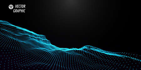 Abstract digital landscape with flowing particles. Cyber or technology background.Vector illustration.のイラスト素材