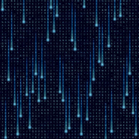 Stylized matrix background with letters, lights, and movement.のイラスト素材